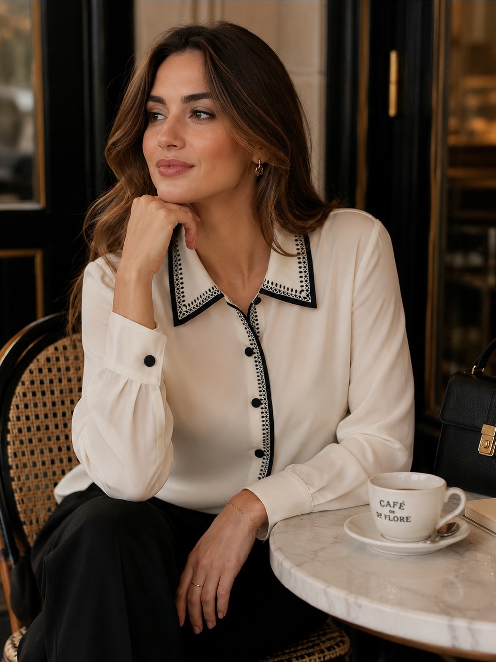 Cream Button-Up Blouse with Black Trim - Women's Collared Top
